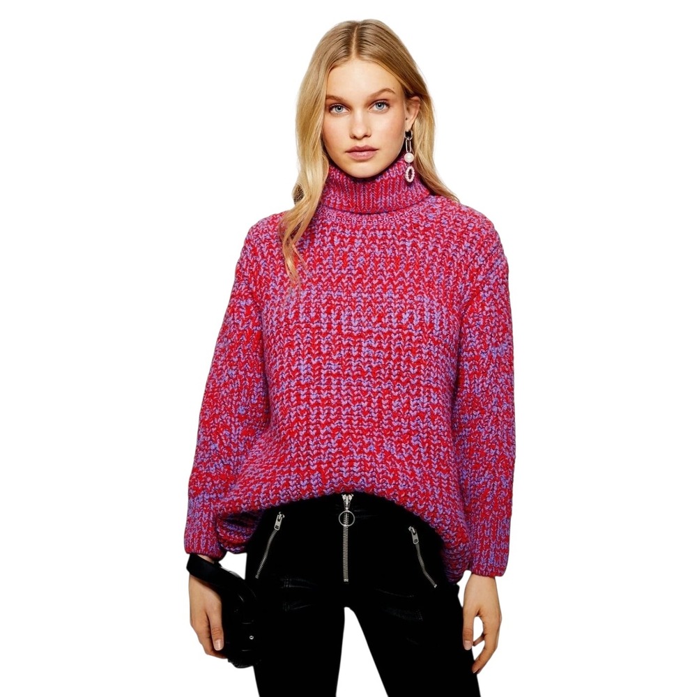 Topshop Red & Purple Chunky Knit Oversized Turtleneck Sweater - Size S